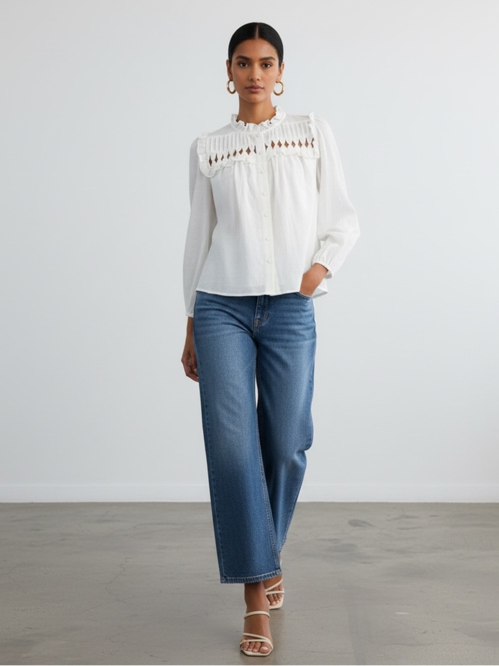 Women's White Ruffled Yoke Button-Front Blouse - Picture 8 of 10